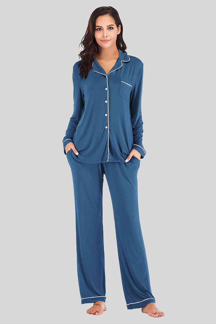 Collared Neck Long Sleeve Loungewear Set with Pockets | 1mrk.com