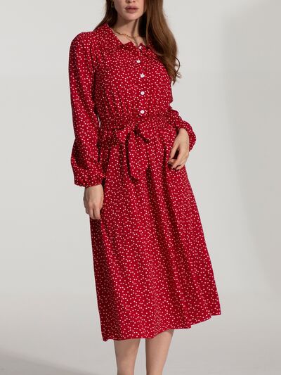 Tied Printed Button Up Balloon Sleeve Dress |1mrk.com