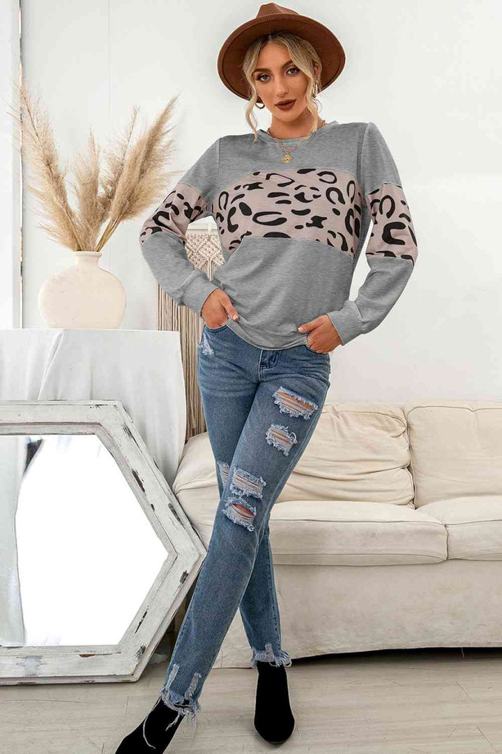 Contrast Leopard Crewneck Sweatshirt | 1mrk.com