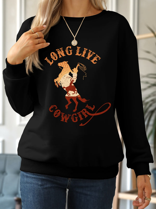 LONG LIVE COWGIRL Round Neck Dropped Shoulder Sweatshirt | Trendsi