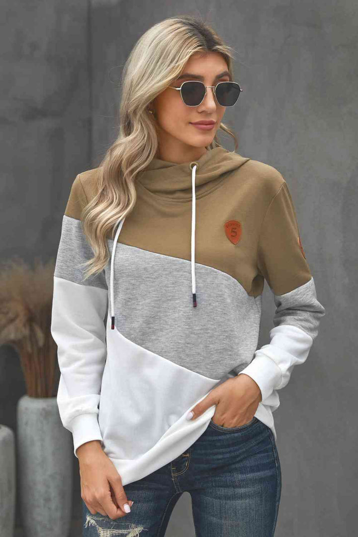 Full Size Range Color Block Cowl Neck Hoodie | 1mrk.com