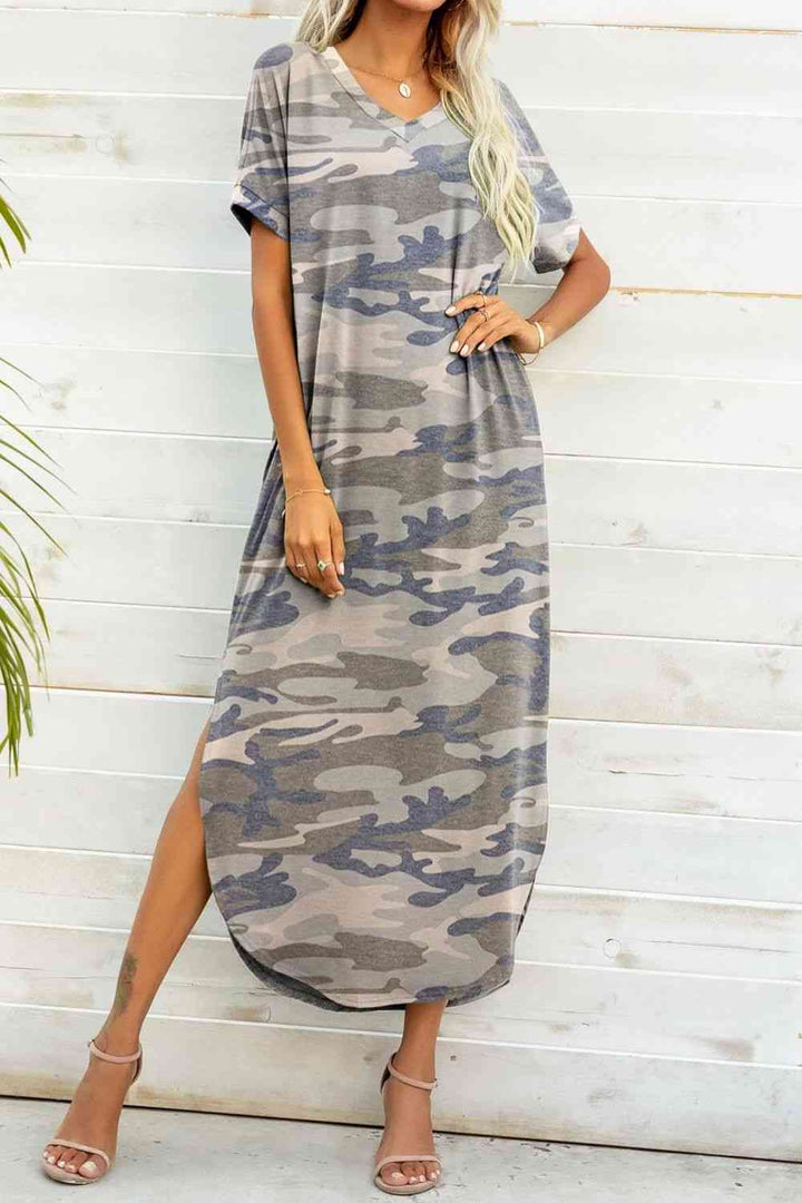 Printed V-Neck Curved Hem Dress |1mrk.com