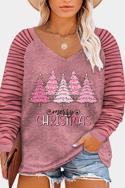 Plus Size MERRY CHRISTMAS Striped Long Sleeve T-Shirt | Trendsi