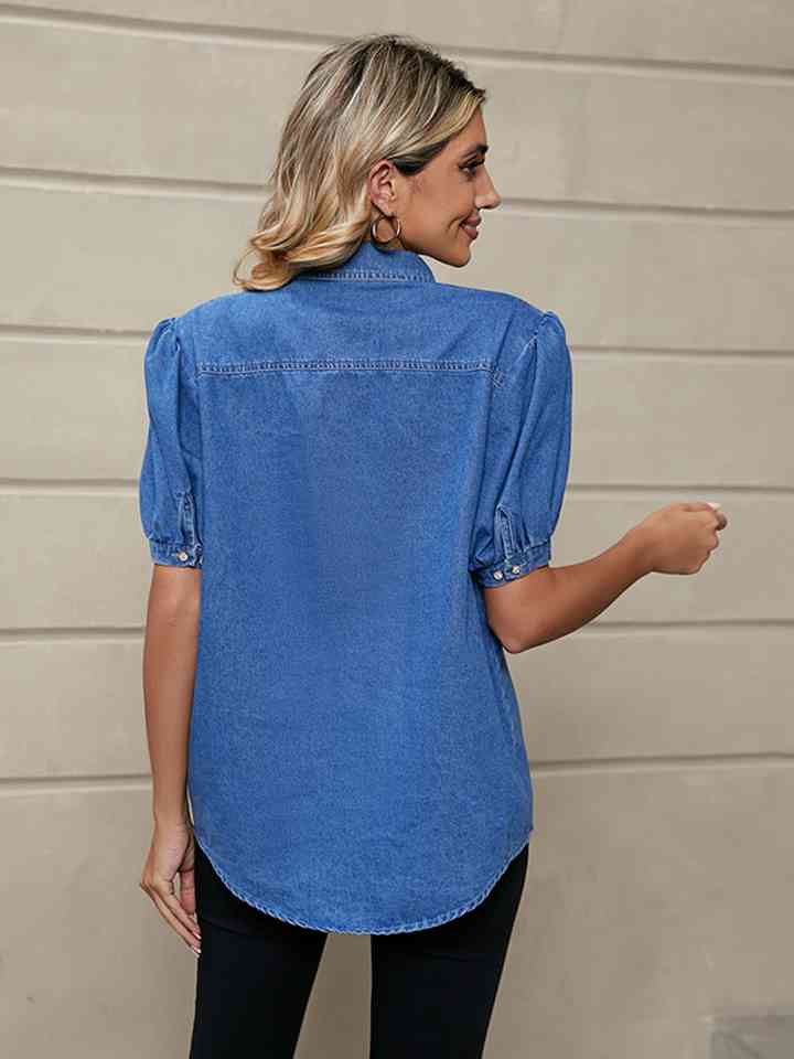 Short Puff Sleeve Denim Shirt Jacket | 1mrk.com