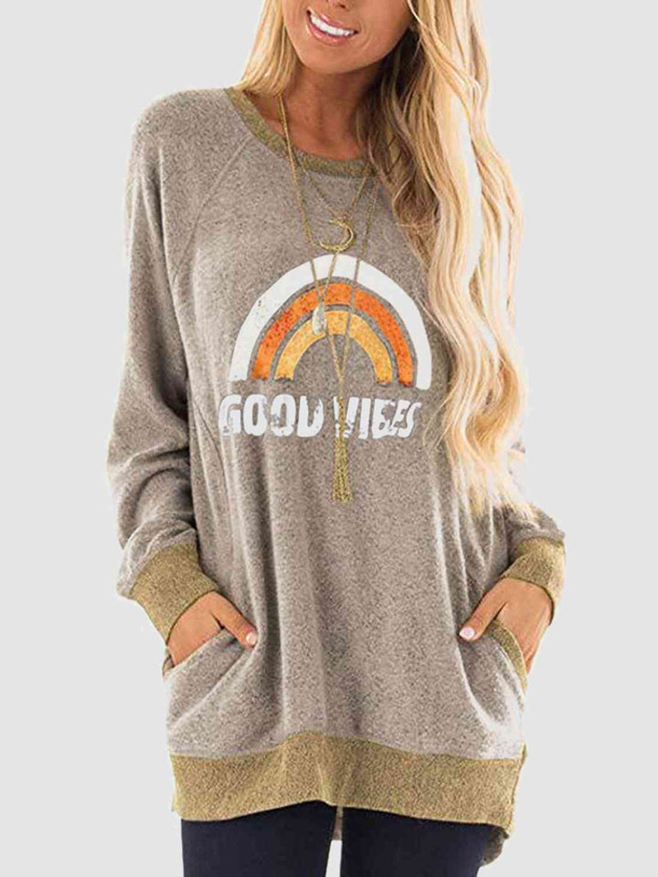 Rainbow Graphic Round Neck Sweatshirt with Pockets |1mrk.com