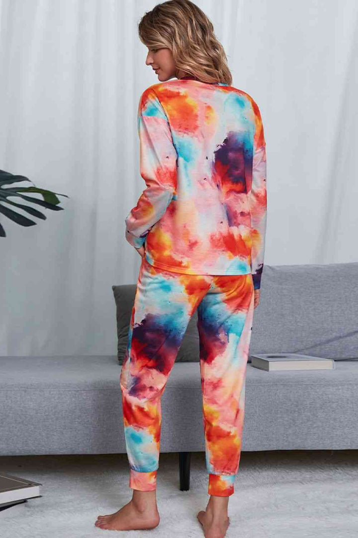 Tie-Dye Crewneck Top and Drawstring Waist Joggers Lounge Set | 1mrk.com