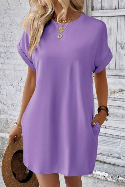 Pocketed Round Neck Short Sleeve Dress |1mrk.com