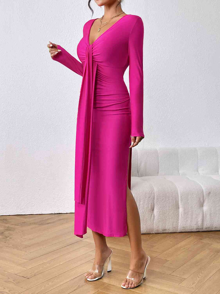 Long Sleeve Ruched Split Dress |1mrk.com