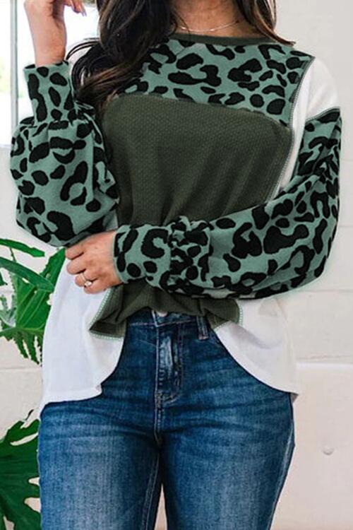 Leopard Color Block Exposed Seam Blouse | 1mrk.com