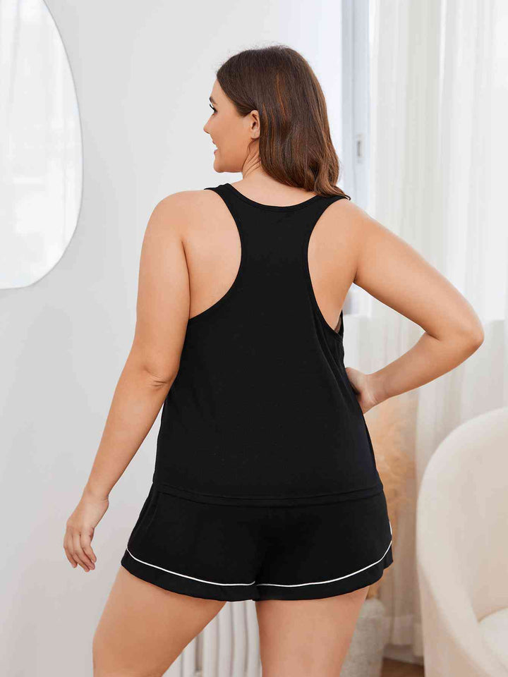 Plus Size Contrast Piping Racerback Tank and Shorts Lounge Set | 1mrk.com