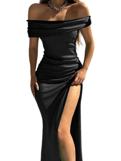 Split Ruched Off-Shoulder Dress |1mrk.com