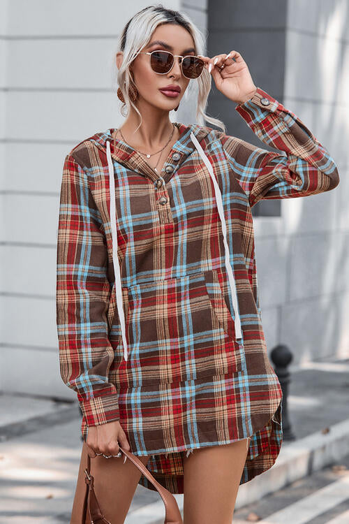 Plaid Drawstring Long Sleeve Hooded Dress with Pocket |1mrk.com