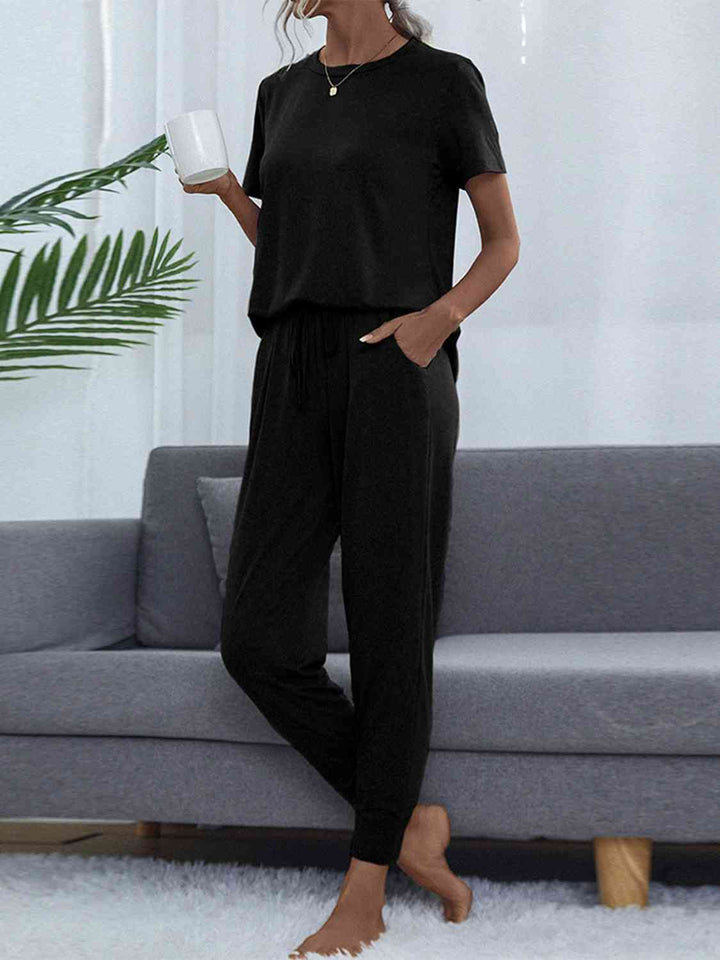 Round Neck Short Sleeve Top and Pants Set | 1mrk.com