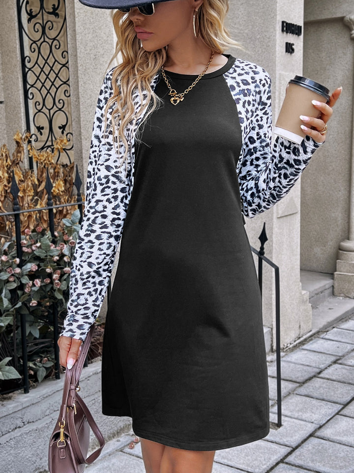 Leopard Round Neck Long Sleeve Dress | Trendsi