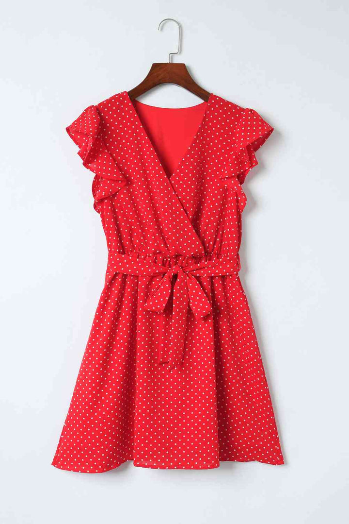 Polka Dot Surplice Neck Tie Waist Dress |1mrk.com