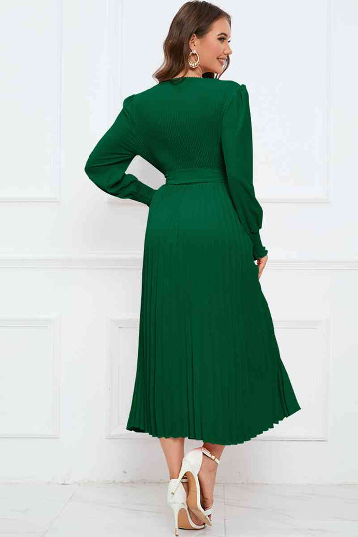 Round Neck Flounce Sleeve Pleated Dress | 1mrk.com