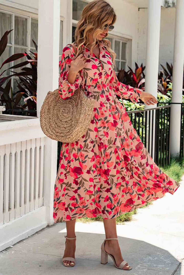 Floral Tie Neck Flounce Sleeve Tiered Dress | 1mrk.com