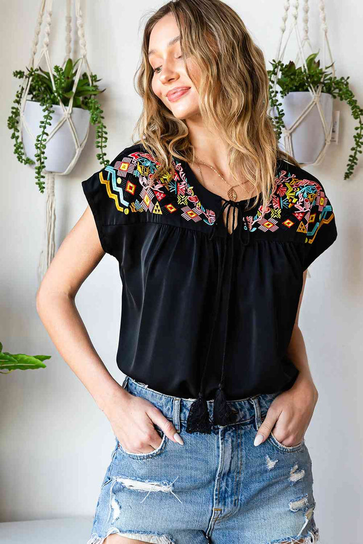 Embroidered Tie-Neck Tassel Blouse | 1mrk.com