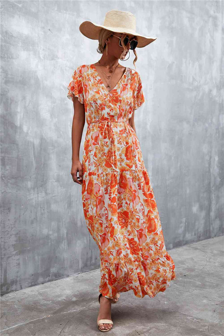 Floral Buttoned Drawstring Waist Tiered Dress |1mrk.com