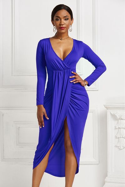 High-low Ruched Surplice Long Sleeve Dress | 1mrk.com