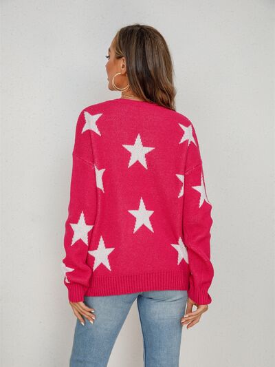 Star Round Neck Dropped Shoulder Sweater |1mrk.com