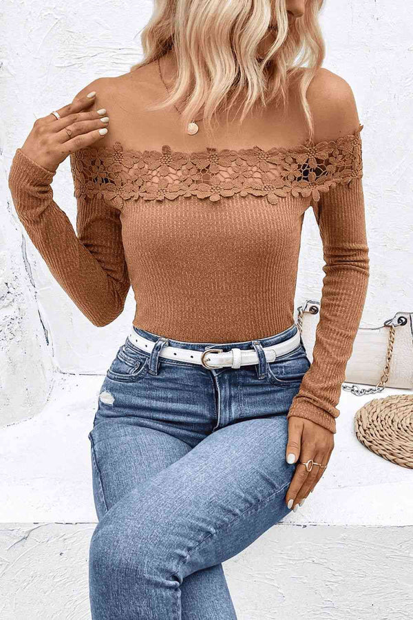 Off-Shoulder Lace Trim Ribbed Tee | 1mrk.com