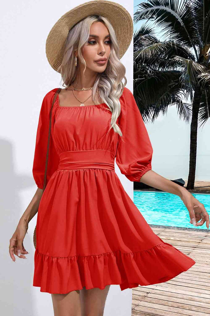 Square Neck Tie Back Ruffle Hem Dress |1mrk.com