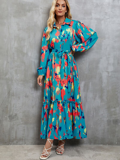 Frill Tied Printed Balloon Sleeve Dress |1mrk.com