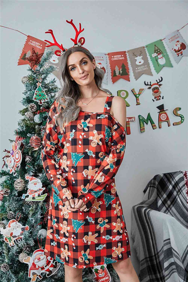 Christmas Asymmetrical Neck Long Sleeve Dress | 1mrk.com