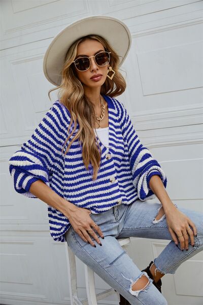 Striped Button Up Long Sleeve Cardigan |1mrk.com