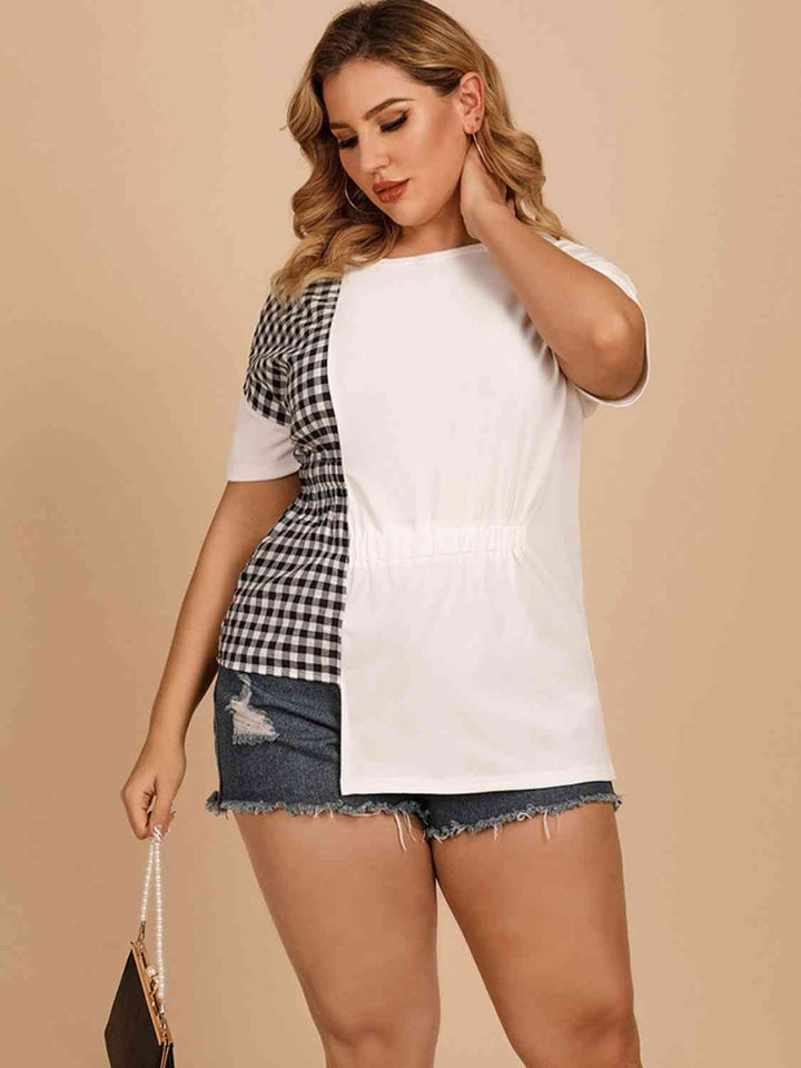 Plus Size Gingham Color Block Asymmetrical T-Shirt | 1mrk.com