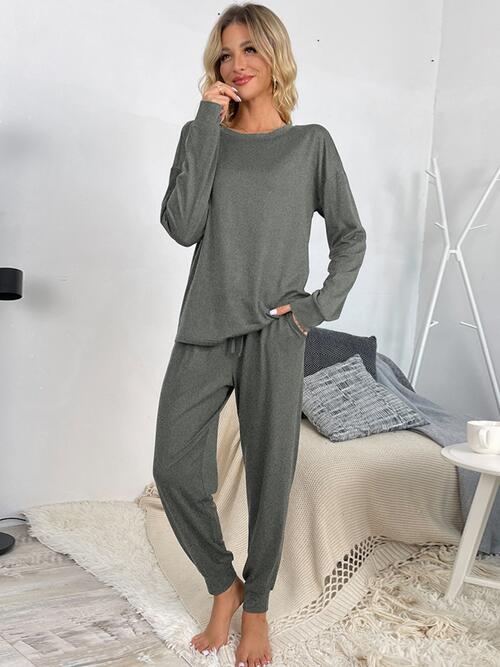 Round Neck Top and Drawstring Pants Lounge Set | 1mrk.com