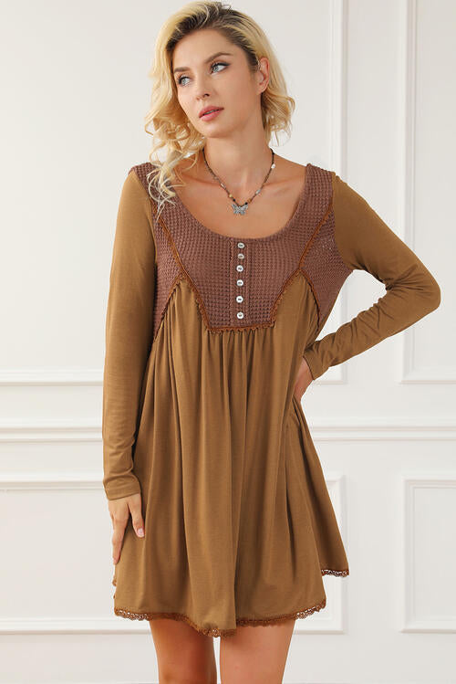 Lace Detail Round Neck Long Sleeve Dress |1mrk.com