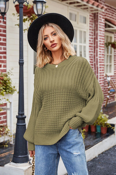 Ribbed Drop Shoulder Lantern Sleeve Sweater | Trendsi