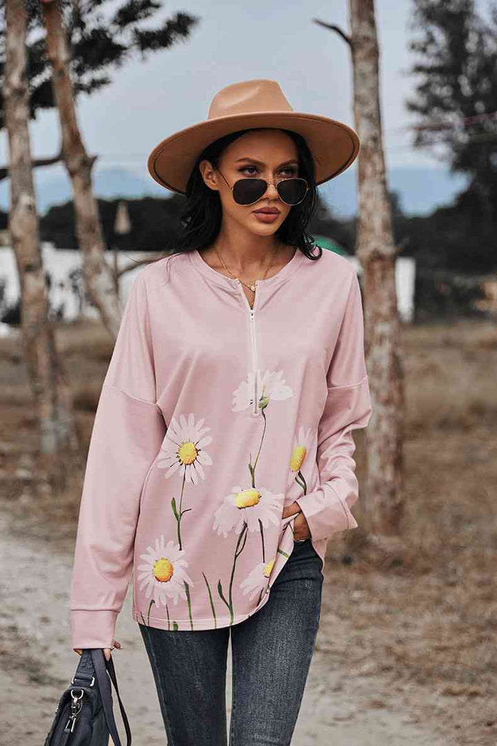 Floral Print Long Sleeve Zipper Front Sweatshirt |1mrk.com