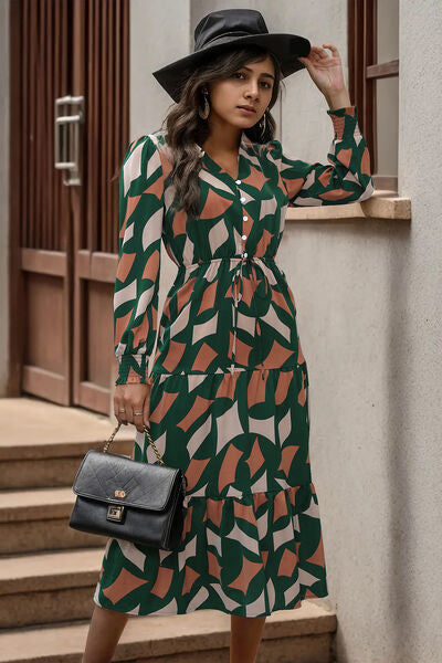 Printed Tied Pocketed Lantern Sleeve Dress | 1mrk.com