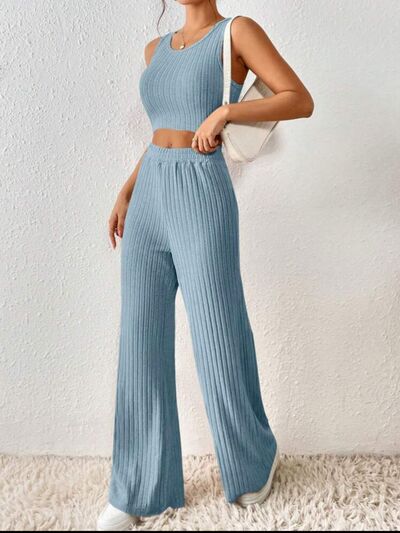 Ribbed Round Neck Tank and Pants Sweater Set |1mrk.com