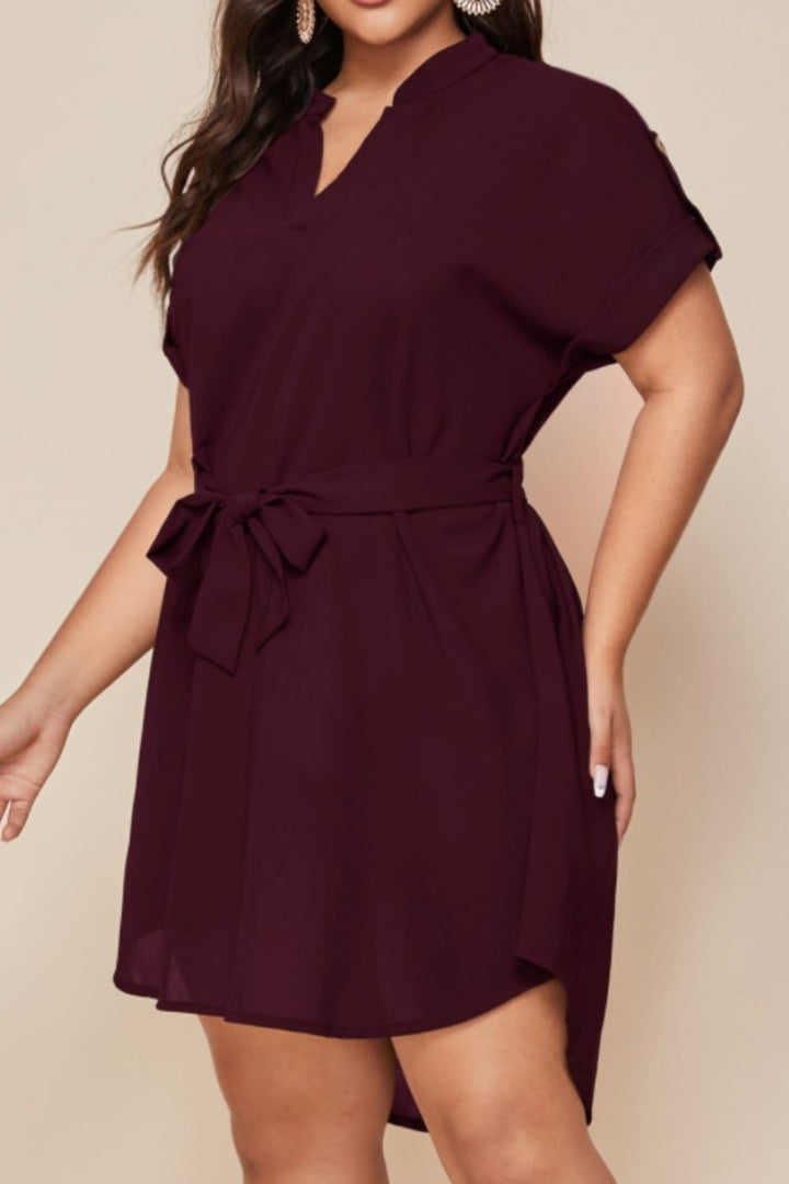 Plus Size Notched Tie Waist Mini Dress | Trendsi