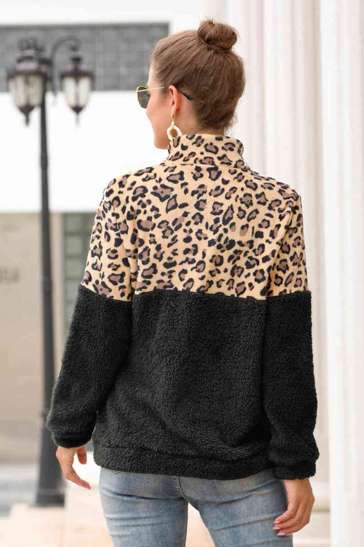 Leopard Zip-Up Turtle Neck Dropped Shoulder Sweatshirt |1mrk.com