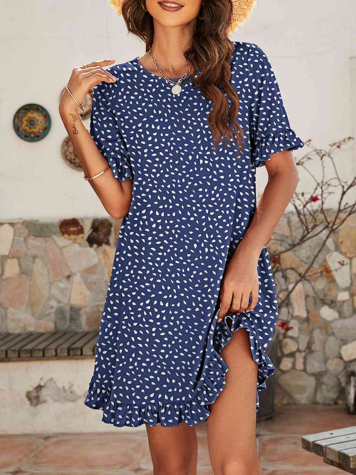 Printed Flounce Sleeve Ruffle Hem Dress |1mrk.com