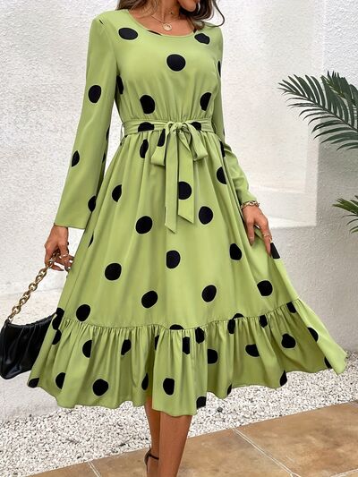 Tied Polka Dot Round Neck Ruffle Hem Dress |1mrk.com