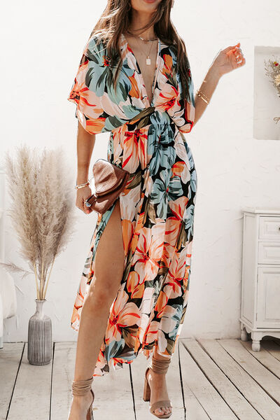 Plunge Split Printed Short Sleeve Dress | 1mrk.com