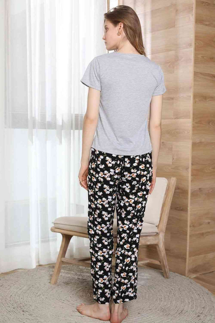 Round Neck T-Shirt and Floral Pants Lounge Set | 1mrk.com