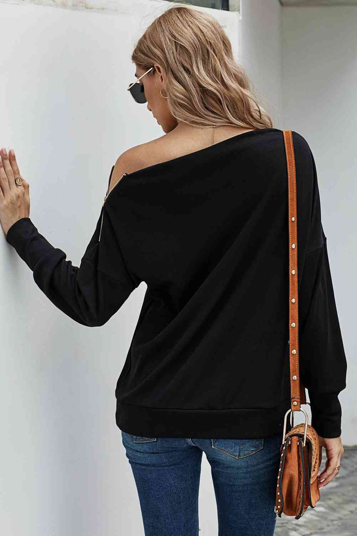 Zipper Detail Boat Neck Dropped Shoulder Sweatshirt |1mrk.com