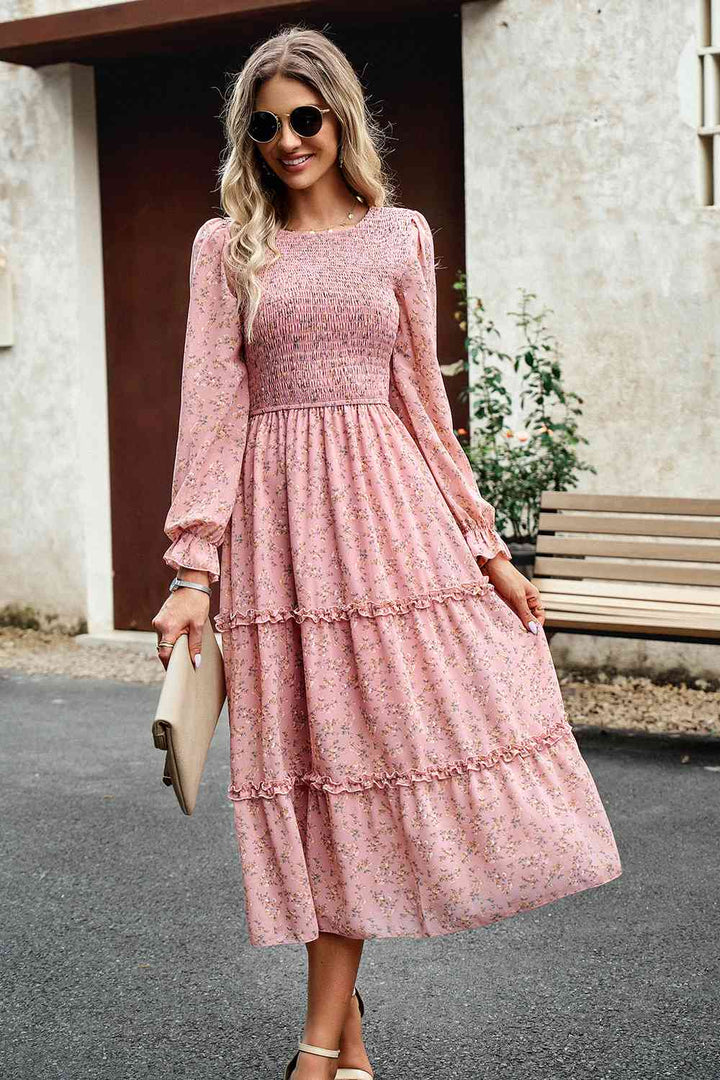 Smocked Flounce Sleeve Midi Dress | 1mrk.com