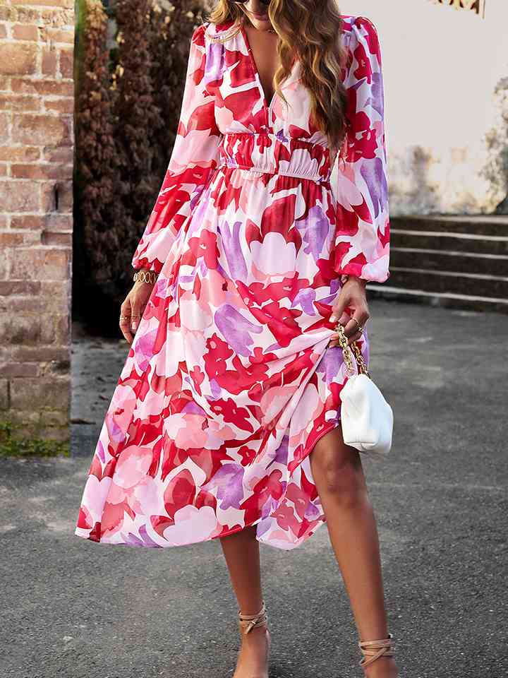 Printed V-Neck Long Sleeve Midi Dress |1mrk.com