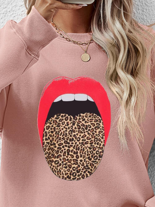 Leopard Lip Graphic Round Neck Sweatshirt |1mrk.com