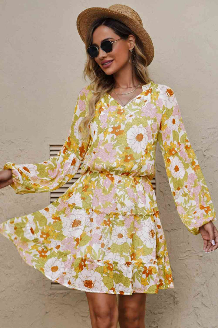 Floral Frill Trim Puff Sleeve Notched Neck Dress |1mrk.com