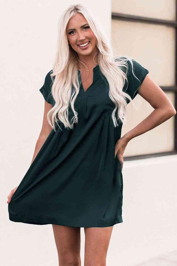 Notched Neck Cuffed Sleeve Mini Dress |1mrk.com