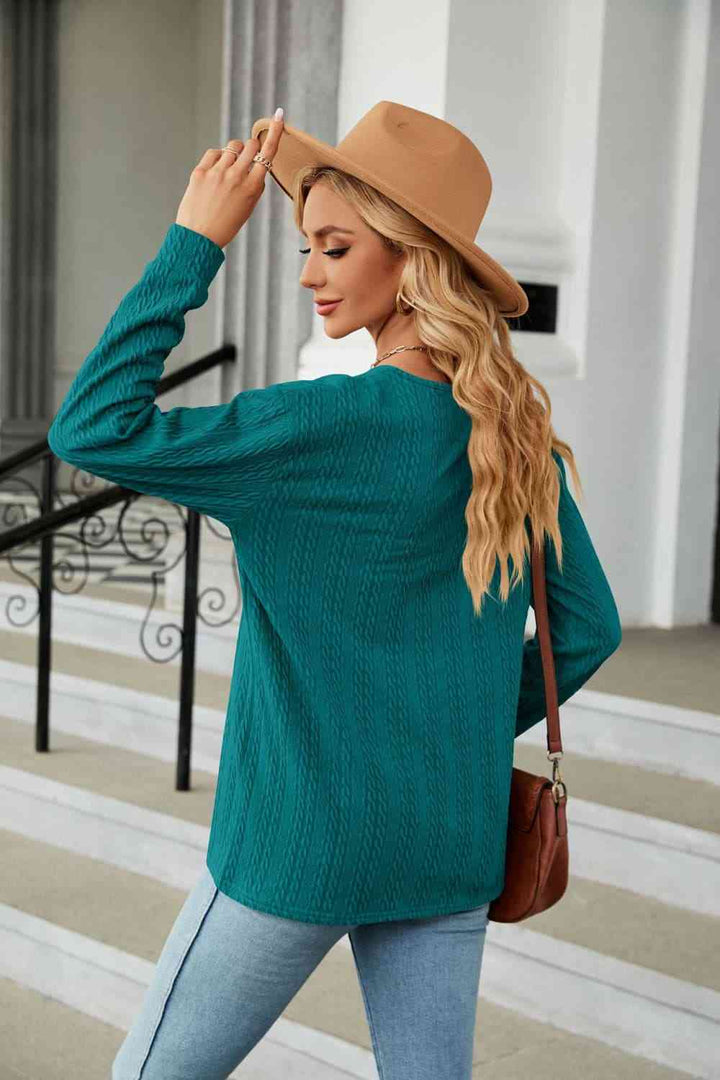 Decorative Button V-Neck Long Sleeve T-Shirt | 1mrk.com